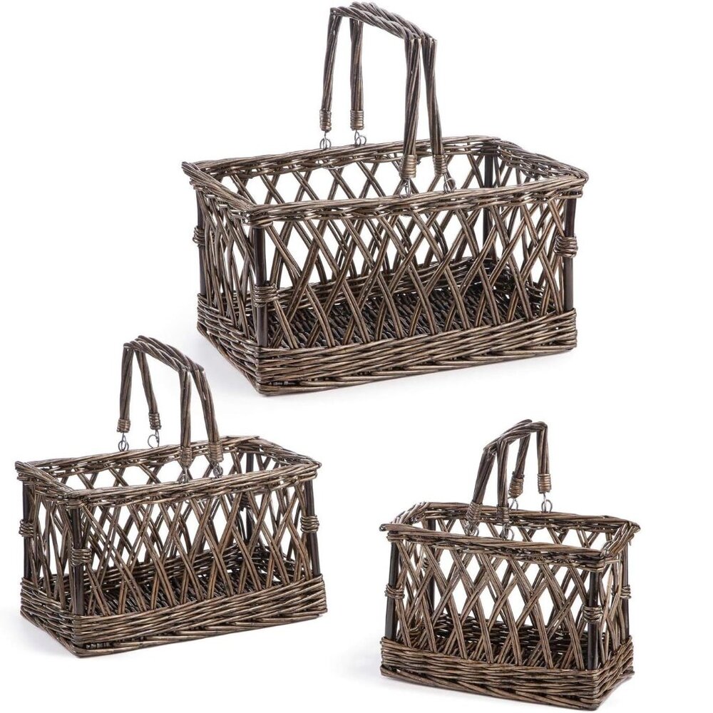 Set of 3 Darice Dark Brown Willow Wicker Storage Baskets w Swinging Handles NWT